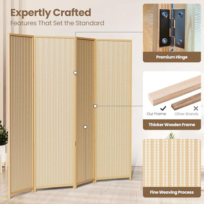 4 Panel Bamboo Room Divider, Folding Privacy Screen, Natural | Pine wood frame, dual-action stainless steel hinges, 5.6FT tall, extends to 63 inches wide, no assembly - color: Natural, size: 4 Panel