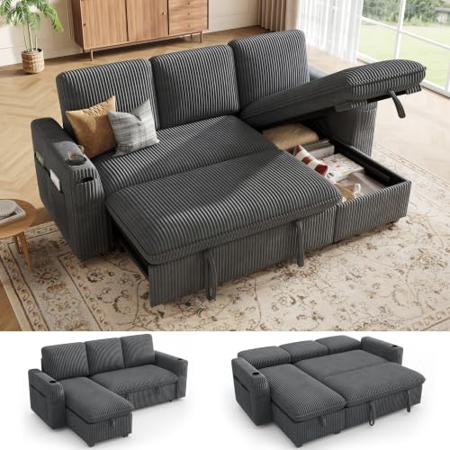 Sectional Sleeper Sofa with Pull Out Bed, Plush Corduroy Sectional Sofa with Storage Chaise and Adjustable Backrest, Cloud Sectional Couches for Living Room, Apartment, Light Grey - color: Smoke Grey, size: 82" L Shape (3-Seat)