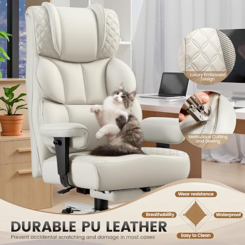 BestGlory Office Desk Chair, Big and Tall Leather Gaming Chair with Footrest, Ergonomic Comfy Executive High-Back Reclining Computer Chairs, Wide Swivel Rolling Wheels and Padded Lumbar Support, White - color: White, style: 3 Position Reclining