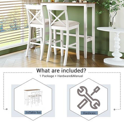 3 Piece Counter Height Dining Table Bar Table Set with 2 Chairs, Small Kitchen Table Breakfast Nook for 2, Good for Bar or Small Space, Brown White - color: Brown White