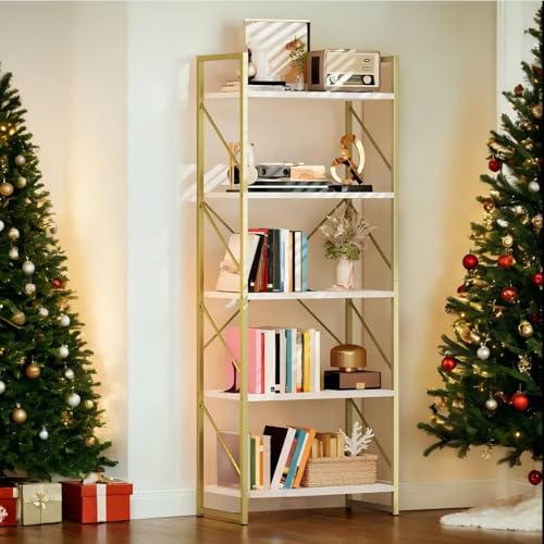 DWVO Gold Bookshelf | Modren 5 Tier Bookcase, Storage Shelves Organizer Standing Shelf, Display Rack Book Shelves for Bedroom,Living - color: Gold