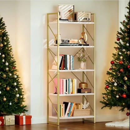 DWVO Gold Bookshelf | Modren 5 Tier Bookcase, Storage Shelves Organizer Standing Shelf, Display Rack Book Shelves for Bedroom,Living - color: Gold