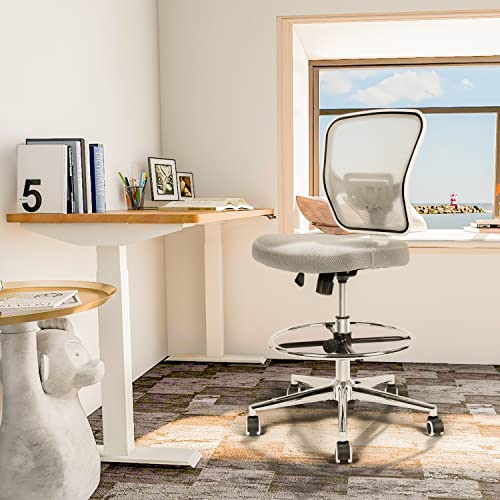 Drafting Chair, Tall Office Chair for Standing Desk, Drafting Stool with Lumbar Support, Adjustable Height and Foot Ring, Grey - color: Grey