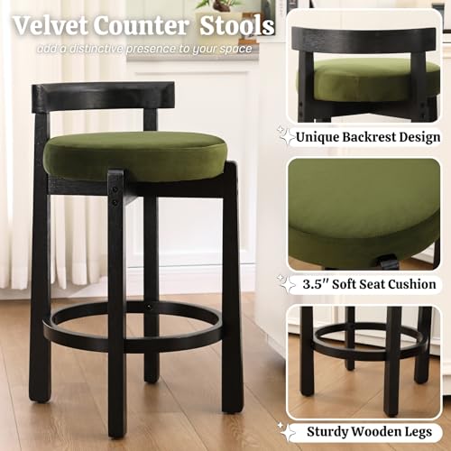 HEAH-YO Mid Century Modern Bar Stools Set of 4, 26.5" Counter Stools with Low Back, Velvet Upholstered Barstools with Black Wood Legs Bar Chairs for Kitchen Island Dining Room, Green - color: 26.5" Green Velvet Black Wood, size: Counter Height - Set of 4