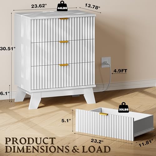 BORNOON 30.5" Nightstand with Charging Station, 3-Drawer Fluted Bedroom Chest, Wood Bedside Dresser with Power Outlets and USB Ports, Metal Slides, Stable Base, Modern Storage Cabinet for Small Spaces - color: Pure White, size: 3-Drawer with Strip