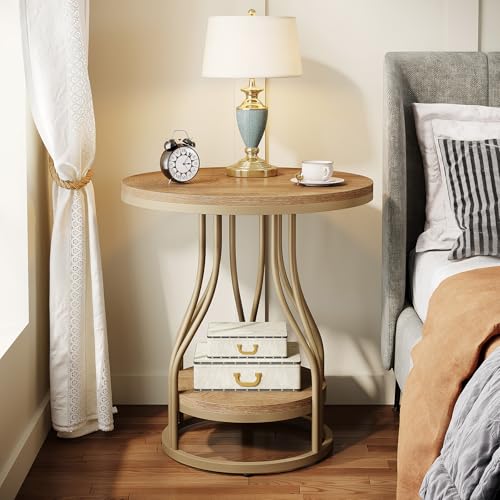 Tribesigns Round Side End Table 2-Tier End Tables Modern Bedside Table Small Chirside Tables with Storage for Couch Side, Nightstand with Metal Frame for Living Room (1, Light Brown) - color: Light Brown