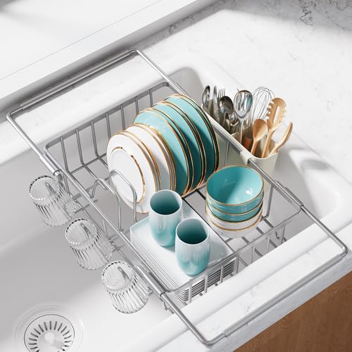 Sakugi Dish Drying Rack in Sink - Expandable Stainless Steel Dish Rack Over the Sink, Kitchen Sink Drain Strainer with Cutlery Holder & Cup Holders, 15.4 x 9.8 x 3.0 Inch, Silver - color: Silver, size: Standard - 15.4" × 9.8" × 3"