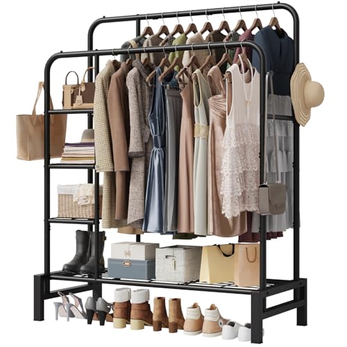 Clothes Rack for Hanging Clothes, Clothing Rack with shelves, Black | Double Clothing Rack with 3 Tier Storage Shelves, Multifunctional Heavy Duty Garment Rack for Bedroom Laundry Wardrobe Closet - color: Black