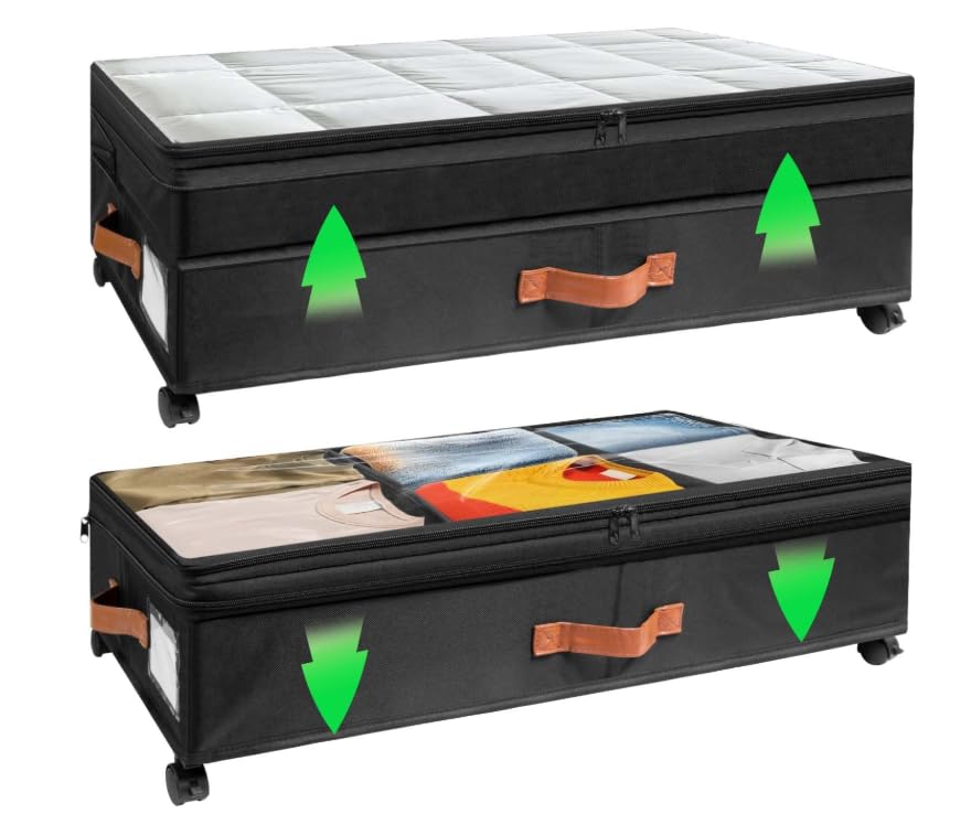 Under Bed Storage with Wheels, 72L XXL Under the Bed Storage Containers Large, 10‘’ Tall Adjustable Storage for Underbed with Lids