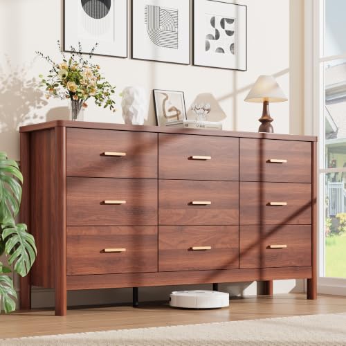 Garvee 9 Drawer Dresser, Modern Wooden Storage Chest of Drawers, Walnut | Freestanding Storage Organizer with Cylindrical Legs, Metal Handles & Anti-Tip, for Bedroom, Living Room, Hallway - color: Walnut
