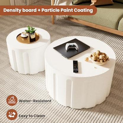 Round Nesting Coffee Table Set of 2 Modern Wood Circle Coffee Table (White) | Fluted Coffee And End Table Set Drum Accent Table for Living Room Small Apartment No Assembly Required - color: White