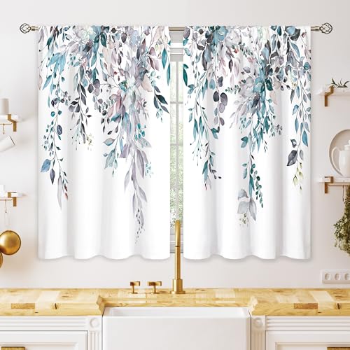 Blue Grey Eucalyptus Botanical Leaves Floral Kitchen Window Curtains Over Sink Farmhouse Flower Leaf Small Window Treatment Cafe Short Curtains for Bathroom Treatment Tier Drapes 26x24 inch - color: 09 Blue Grey, size: 26"W x 24"L (Pack of 2)