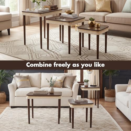 Hyfirm Walnut Side Table End Table Nesting Tables Set of 3, Retro Nesting Tables with Veneered Top & Gold Trim, Mid Century Modern Nesting Wood Coffee Tables for Living Room/Bedroom/Apartment - color: Walnut Top+ivory Apron