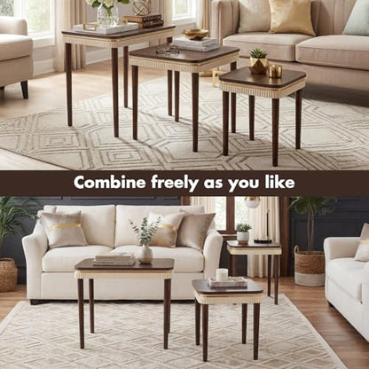 Hyfirm Walnut Side Table End Table Nesting Tables Set of 3, Retro Nesting Tables with Veneered Top & Gold Trim, Mid Century Modern Nesting Wood Coffee Tables for Living Room/Bedroom/Apartment - color: Walnut Top+ivory Apron