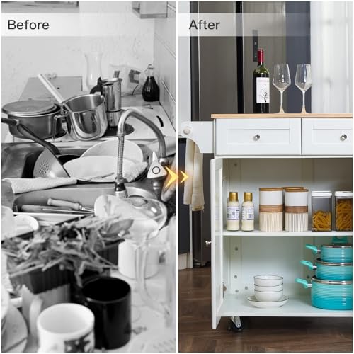 Mobil Kitchen Island Cart with Drop Leaf, Kitchen Cart Rolling Mobile Island with Wooden Countertop, Island Table for KitchenSpice Rack,Adjustable Shelves and Drawers, White