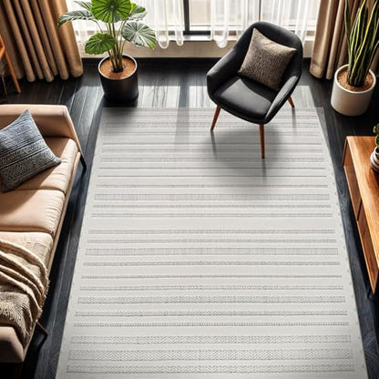 Modern Rug 5x7 Luxury Striped Line Micro Loop Area Rugs Soft High-Low Pile Stain Resistant Easy to Clean Non-Shedding Durable Living Room Bedroom Indoor Carpet (White) - color: Linear / White, size: 5' x 7' (Rectangular)