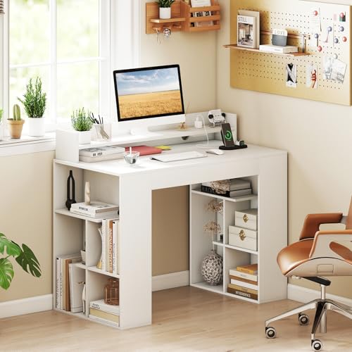 GIANTEX White Desk with Storage Shelves, 43" Home Office Computer Desk with Charging Station, Dual 3 Tier Bookshelf & Monitor Stand, PC Table Workstation, Modern Study Writing Desk for Bedroom, Dorm