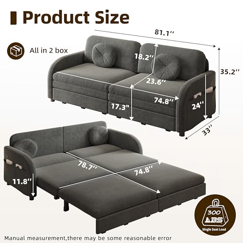 81.1'' King Size Sleeper Sofa Bed, 3-in-1 Pull Out Chenille Couch, Grey | Cozy Curved Armrest, Loveseat with USB, 2 Round Pillows, Washable Cover, Pocket, for Living Room, Apartment, Small Spaces, RV - color: Grey, size: 81.1'' King