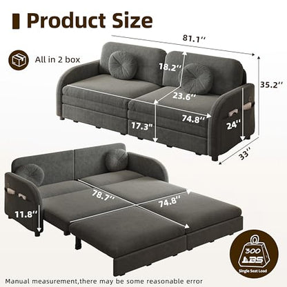 81.1'' King Size Sleeper Sofa Bed, 3-in-1 Pull Out Chenille Couch, Grey | Cozy Curved Armrest, Loveseat with USB, 2 Round Pillows, Washable Cover, Pocket, for Living Room, Apartment, Small Spaces, RV - color: Grey, size: 81.1'' King