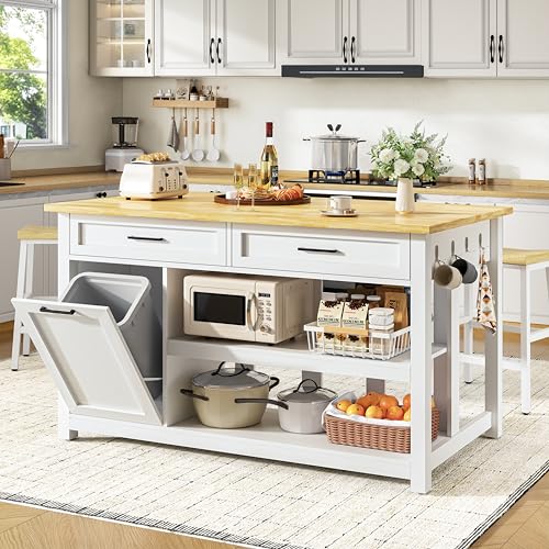 Kitchen Island with Storage and Seating Include 2 Bar Stools, Drawers,White | 47" Solid Rubberwood Top Kitchen Island with Trash Can Storage, Power Outlet, 6 Hooks, Coffee Bar Cabinet, Dining Table for 2 - color: White
