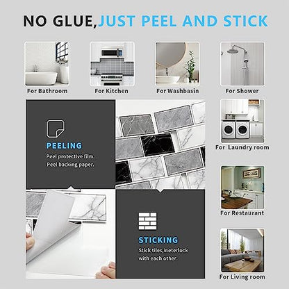 URCOLOR 10-Sheet Back Splashes for Kitchens Peel and Stick,12"x12" Self Adhesive Stick on Backsplash for Bathroom Black White Grey Marble Look - color: Black White Grey