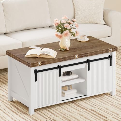Lift Top Coffee Table, 4 in 1 Convertible Coffee Table, Farmhouse Coffee Tables, with Hidden Compartments, with Sliding Doors, for Living Room, Apartment, White and Walnut MKF01WL - color: White + Walnut