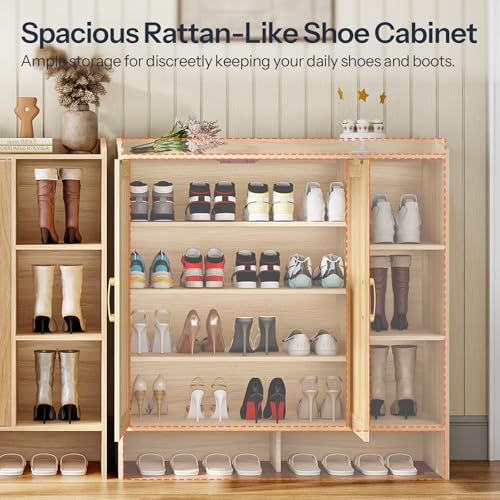 HOOBRO Shoe Cabinet for Entryway, Rattan Shoe Storage Cabinet with Doors, 4-Tier Freestanding Shoe Organizer with Side Cabinet, Large Capacity Wooden Shoe Cabinet, Natural NL95SC01