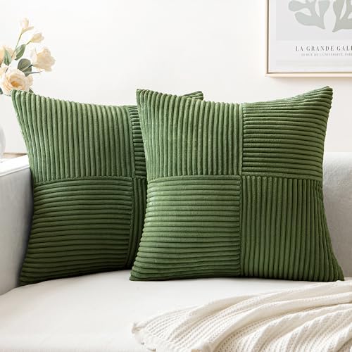 MIULEE Moss Green Decorative Throw Pillow Covers for Couch 16x16 Inch | 2 Pack, Boho Farmhouse Pillow Covers, Soft Cross Corduroy Patchwork Textured Cushion Cases For Bed Sofa - color: Moss Green, size: 16" x 16" (Pack of 2)
