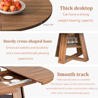 43.3"-59" Extendable Round Oval Dining Table for 4-8 with Storage Shelf | Modern Kitchen Oval Dining Table with Removable Leaves,Space Saving Extendable Table Wood Base for Kitchen Living Room Walnut - color: Walnut