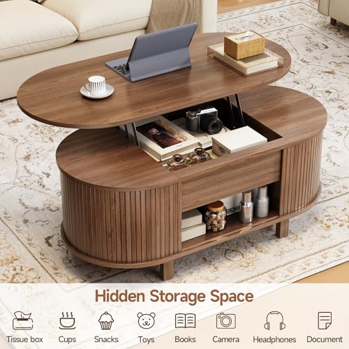 43.3" Oval Lift Top Fluted Coffee Table with Sliding Door, Walnut | Mid-Century Modern Fluted Coffee Table with Lift Tabletop & Multi-Storage Spaces, Dining Table for Living Room, Home Office - color: Walnut