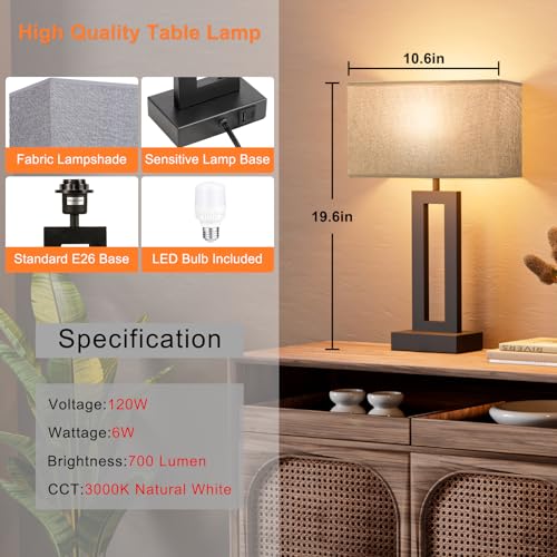 Seealle Nightstand Table Lamps for Bedrooms Set of 2 - Touch Bedside Lamp with USB C+A, 3 Way Dimmable Living Room End Tables 2, Modern Night Stand Bed Side Guest Room(Grey) B. Grey - color: B. Grey&Black, size: Medium(19.6in)
