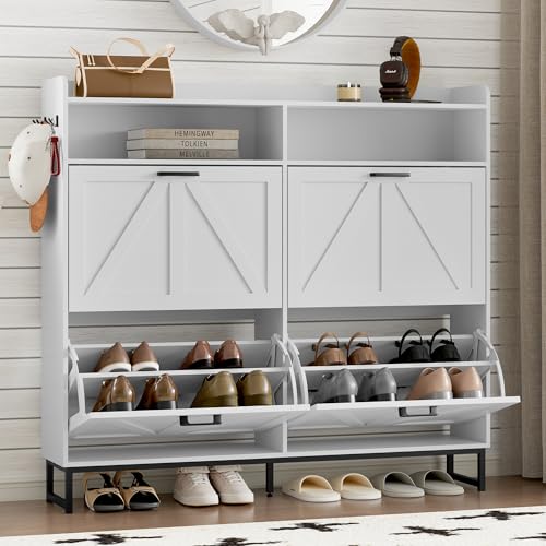 BORNOON Shoe Cabinet with 4 Flip Drawers Narrow Shoe Storage Cabinet Organizer Wooden Freestanding Shoe Rack Hidden Slim Shoes Storage Cabinet for Entryway, Hallway, Living Room, Bedroom - color: White, size: 4-Drawer