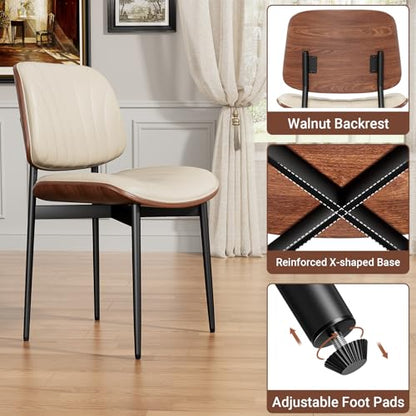 YaFiti Mid Century Dining Chairs Set of 2 with Walnut Bentwood, Greige | Ergonomic Walnut Backrest, Upholstered Waterproof PU Leather Seat, Stable Metal Legs, Adjustable Footpads, Apartment Friendly - color: Greige Scallop