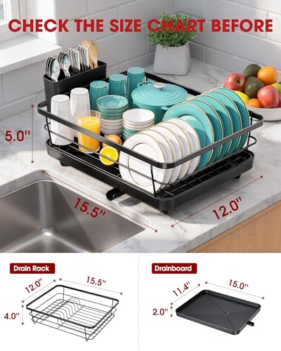 Sakugi Dish Drying Rack - Stainless Steel Dish Rack with Drainboard for Kitchen Counter and Sink, 15.6" D x 12" W x 5" H, Black - color: Black, size: 15.6"D x 12"W x 5"H