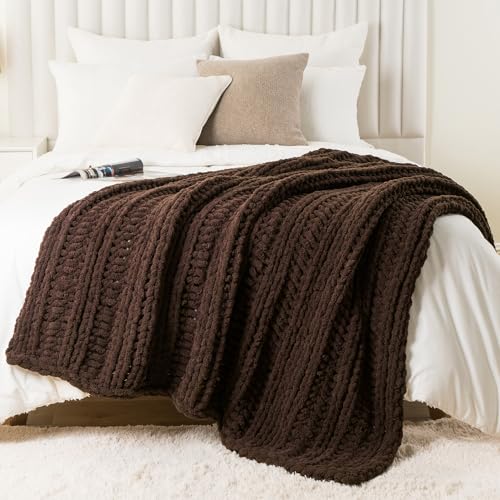 Battilo Chunky Knit Throw Blanket for Couch, 50"x60", Chocolate Brown | Hand Knit, Gift Blanket, Cozy Warm Thick Soft Chenille Throw Blanket for Bed, Sofa, Chair, Living Room - color: Brown