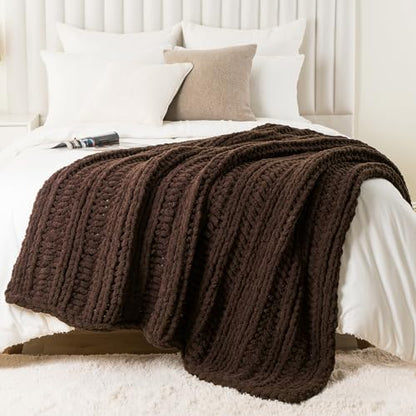 Battilo Chunky Knit Throw Blanket for Couch, 50"x60", Chocolate Brown | Hand Knit, Gift Blanket, Cozy Warm Thick Soft Chenille Throw Blanket for Bed, Sofa, Chair, Living Room - color: Brown