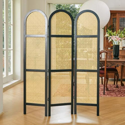 Svimi Room Divider and Folding Privacy Screens, Pine Wood 5.6 Ft Double Hinged Rattan Partition Freestanding Wall Room Divider for Home - 3 Panels - color: Black/Natural