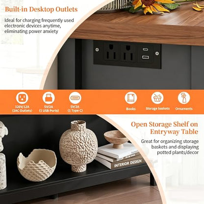 Fluted 47.2" Console Table with Outlets and USB C, Narrow Entryway Table with 3 Drawers, Modern Wood Sofa Table Behind Couch for Living Room, Black & Walnut - color: Entryway Table-black