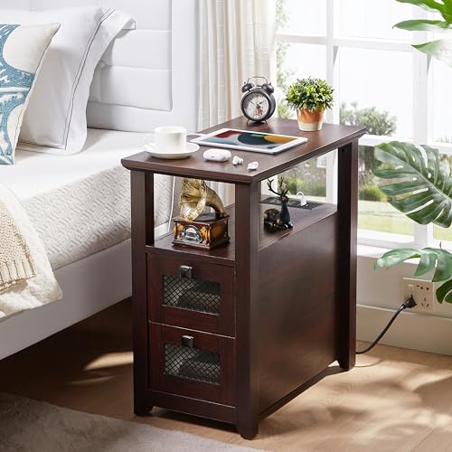 HDDDZSW Farmhouse XXL End Table with Charging Station, Narrow Side Table with USB Ports and Outlets, Nightstand with 2 Drawers Storage, Bedside Tables for Living Room, Bedroom, Rustic Cherry | Farmhouse Narrow Side Table with USB Ports and Outlets, Nights