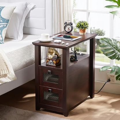 HDDDZSW Farmhouse XXL End Table with Charging Station, Narrow Side Table with USB Ports and Outlets, Nightstand with 2 Drawers Storage, Bedside Tables for Living Room, Bedroom, Rustic Cherry | Farmhouse Narrow Side Table with USB Ports and Outlets, Nights