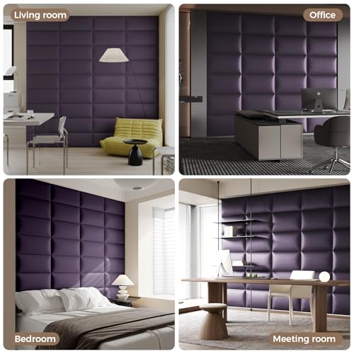 Purple Faux Leather Headboard for Queen Bed - 9-Panel Peel & Stick Wall-Mount or Freestanding Design, 24x12-Inch Upholstered Panels - color: Deep Purple