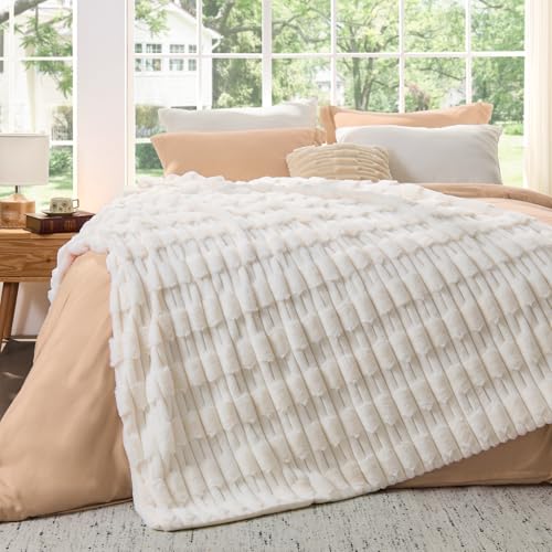 BEDELITE Faux Fur Cream Twin Blanket Soft Plush Striped for Couch, 60x80 | Reversible Faux Fur & Fleece Striped Throw Blanket, Soft & Cozy for Sofa and Bed, Birthday Gift for Women,Room Decor - color: Cream, size: Twin(60"x80")