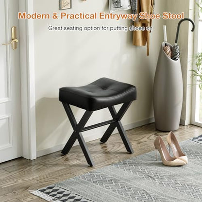 18-Inch Leather Vanity Stool Chair, Black | Vanity Bench, Metal X-Leg, Ottoman Accent Stool, Thick Padded Saddle Seat, 300 LBS, 16.3"x12.4"x18", For Living Room, Bedroom - size: Small, style: Black Leather