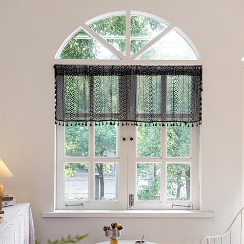 Sutuo Home Boho Valance Curtains for Kitchen Crochet Lace Sheer Bohemian Hollow Knitted with Tassels, Privacy Vintage Rustic Gothic Farmhouse Drapes, Rod Pocket 1 Panel 59" W x 18" L, Black - color: Black Crochet, size: 59"W x 18"L (Pack of 1)