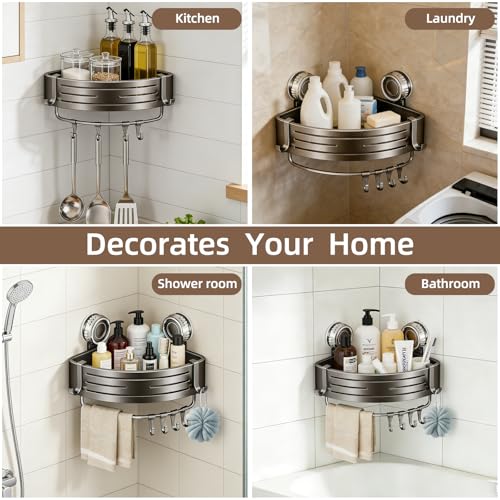 Suction Cup Corner Shower Caddy, No Drill, 1 Tier, Gray | Aluminum, With Hooks, Floating Rack for Inside, Bathroom Wall Shelf Organizer - style: Suction Cup Corner Shower Caddy ,1 Tier ,Gray