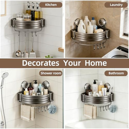 Suction Cup Corner Shower Caddy, No Drill, 1 Tier, Gray | Aluminum, With Hooks, Floating Rack for Inside, Bathroom Wall Shelf Organizer - style: Suction Cup Corner Shower Caddy ,1 Tier ,Gray