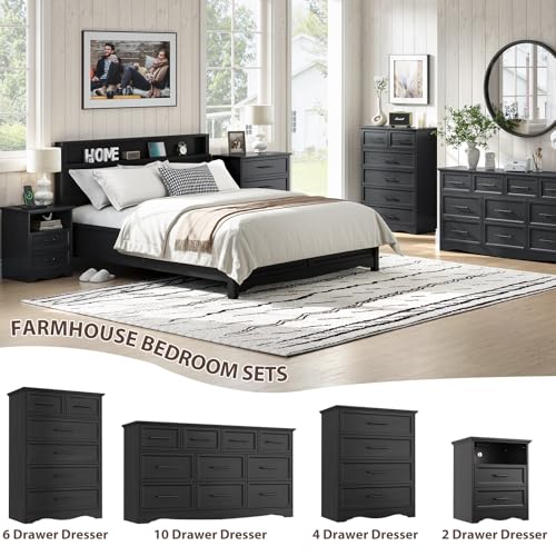 Black Night Stand with Charging Station, Farmhouse Bedside Table & End Table with 2 Drawers and Unique Base Design, Wood Nightstand with Metal Handles for Bedroom, Living Room - color: Black, size: 1 Piece