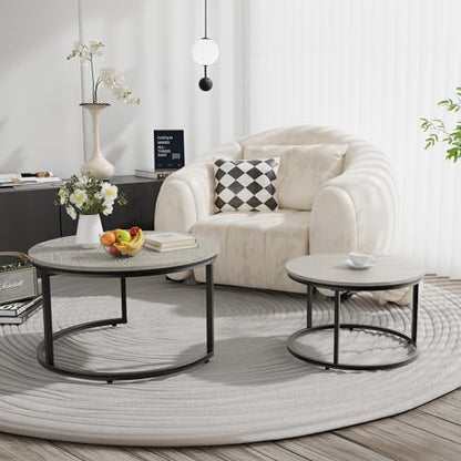 Otterease Nesting Tables Set of 2, Small Round Coffee Table for Living Room | Nesting Coffee Table with Adjustable Non-Slip Feet, Wood Grain Top Nesting Table for Living Room, Bedroom (Wood Grain Grey) - color: 31.5" Wood Grain Grey