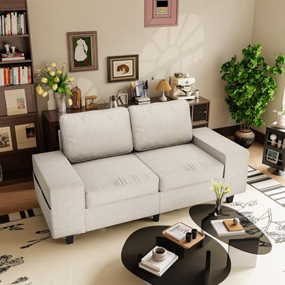 71" Small Loveseat Couch, 2 Seater Chenille Sofa with 4 Side Pockets, Removable and Washable Cushions, Mid Century Modern, Living Room, Apartment, Studio (Cream) - color: Cream Chenille, size: 71 "