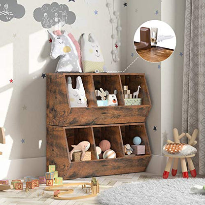 HOOBRO Toy Storage Cubby, Kids Bookshelf, Stackable 3-Bin Toy Storage Cabinet, Bookcase Footboard, Children's Toy Shelf, Suitable for Children's Room, Playroom, Hallway, Rustic Brown BF30CW01 - color: Rustic Brown